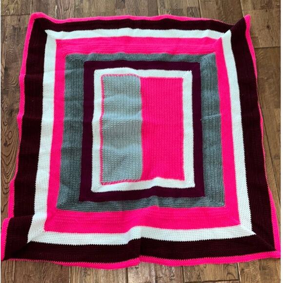 Crochet Hot Pink Gray Squared Baby Afghan Blanket - Picture 1 of 4